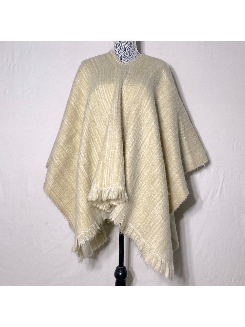 Vintage Reversible Cream Ivory Wool Poncho